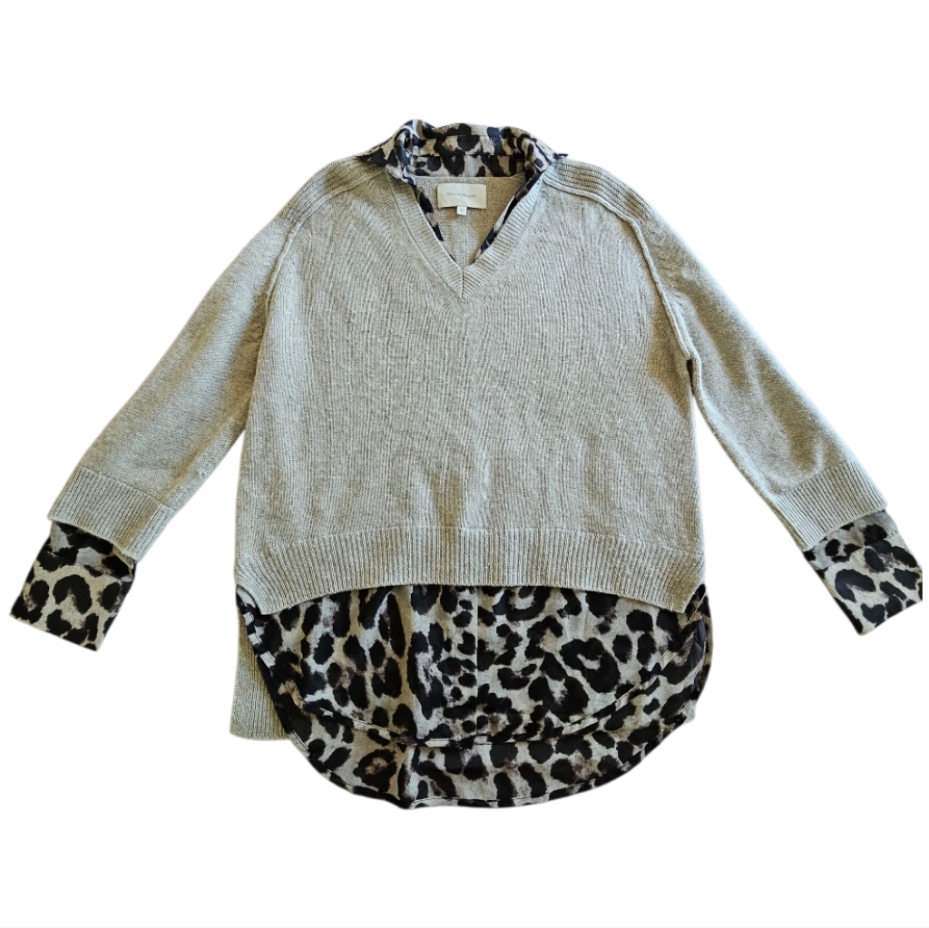 Brochu Walker Alum V-Neck Layered Animal Print Wool Cashmere Blend Sweater Sz M